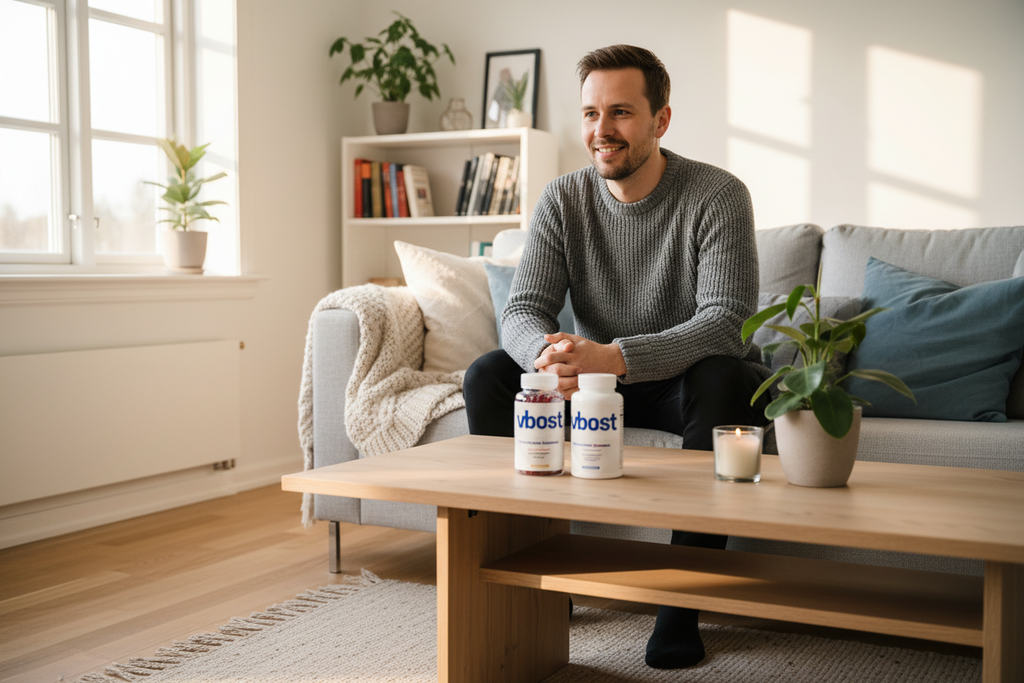 Skandinavisk mand i hyggelig stue