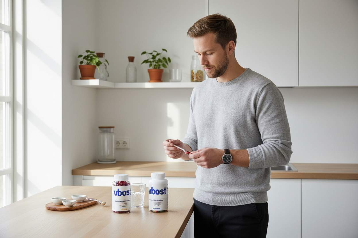 Skandinavisk mand i morgenrutine med kosttilskud